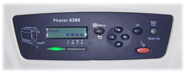 Control panel of Xerox Phaser 6280 printer displaying ready status.