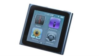 iPod nano 6th Gen displaying radio, podcasts, photos, settings icons.