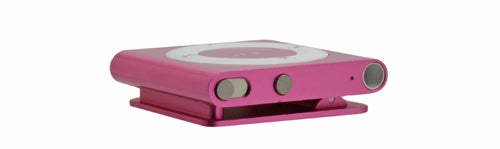 Pink iPod shuffle 4th Generation on white background.
