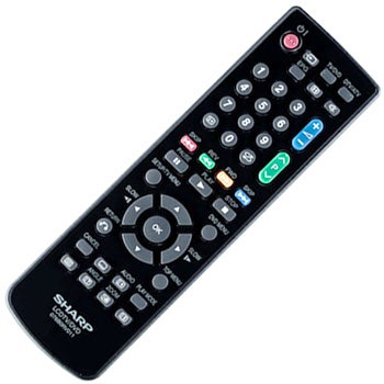 Sharp Aquos TV remote control on white background.