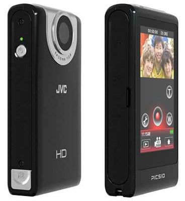JVC PICSIO GC-FM2 pocket video camera front and side views.