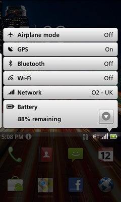 Acer Stream smartphone settings menu with battery life displayed.