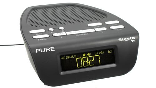 Pure Siesta Mi digital alarm clock displaying time 08:27 AM.