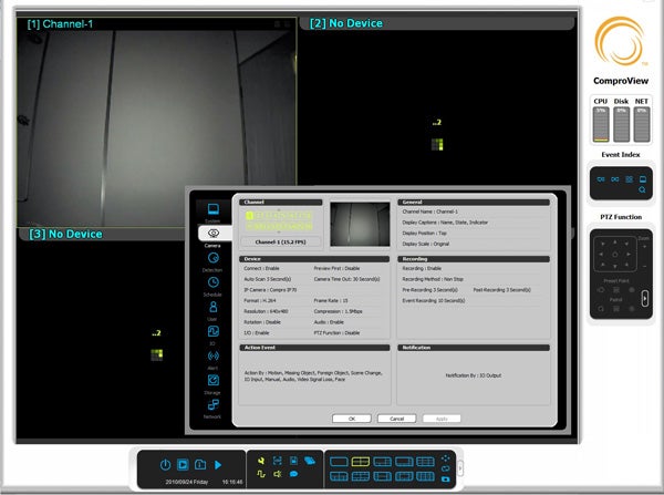 Compro IP70 camera interface with live feed and settings menu.