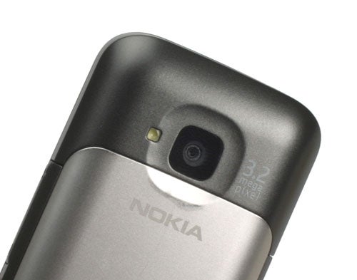 Close-up of Nokia C5's camera and branding.