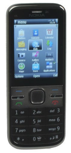 Nokia C5 mobile phone with menu screen displayed.