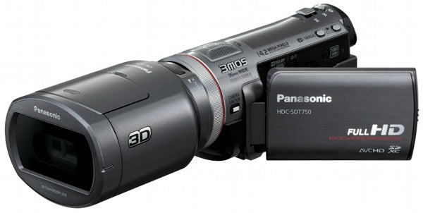 Panasonic HDC-SDT750 camcorder with 3D lens attachment.