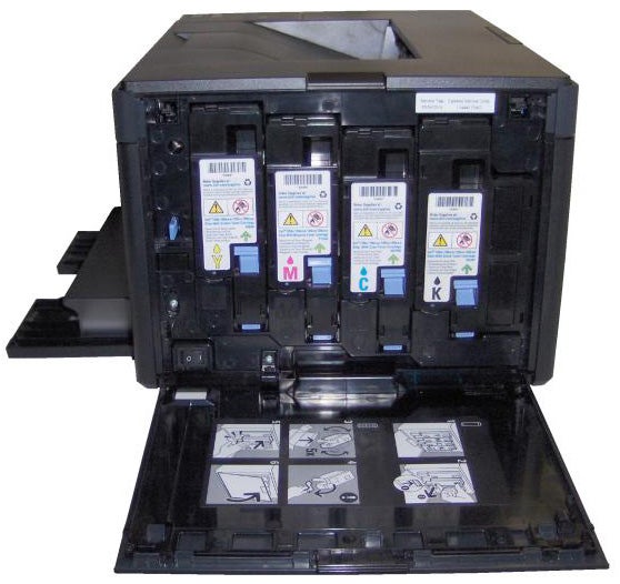 Open Dell 1250c printer showing toner cartridges and instructions.