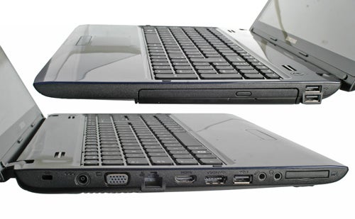 Samsung R590 laptop showing ports and keyboard.