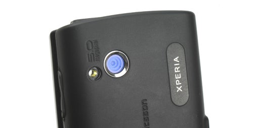 Close-up of Sony Ericsson X10 mini pro camera and branding.