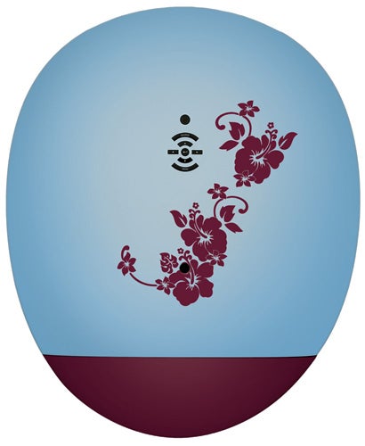 Decorative blue orb with floral design and logo