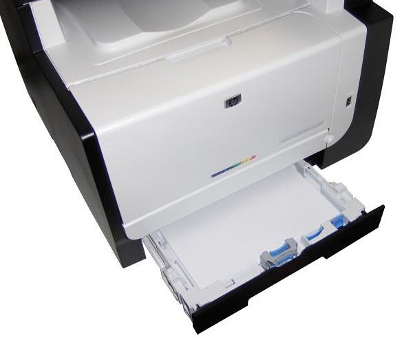 HP LaserJet Pro CM1415fn color printer with open tray.