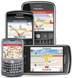 Three smartphones displaying Telmap5 navigation software maps.