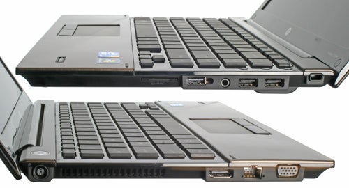 HP ProBook 5320m laptop showcasing ports and build design.