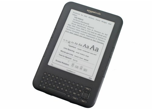 Amazon Kindle 3 e-reader displaying text on screen.
