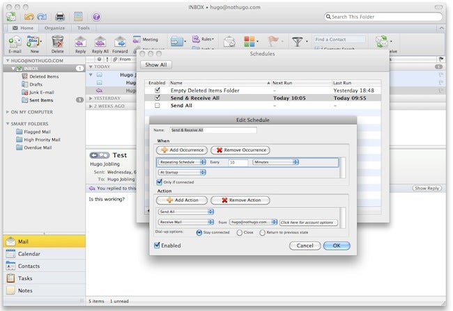 Screenshot of Office for Mac 2011 email scheduling feature.