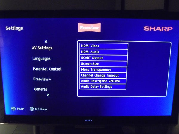 Sharp TU-T2HR32 Freeview HD recorder settings menu on TV screen.