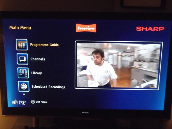 Sharp TU-T2HR32 Freeview recorder main menu on TV screen.