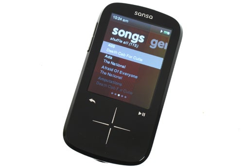 Sandisk Sansa Fuze+ MP3 player displaying song list.