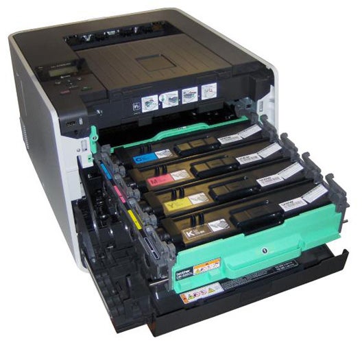 Brother HL-4150CDN printer with open toner compartment.