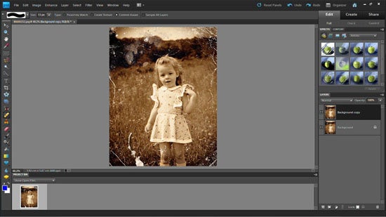 Screenshot of Adobe Photoshop Elements 9 editing interface with a vintage photo.