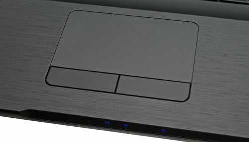Close-up of Samsung P580 laptop touchpad and indicator lights