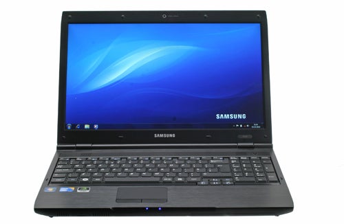 Samsung P580 laptop open on display with screen on.