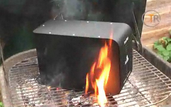 ioSafe SoloPro external hard drive being fire-tested outdoors.