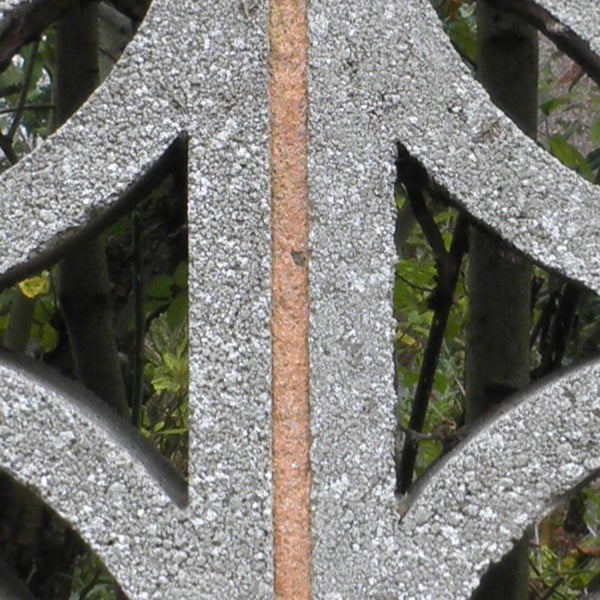 Close-up of a rusted iron fence with blurred greenery in background.