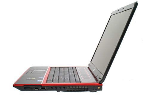 MSI GX740 laptop open at a side angle view.