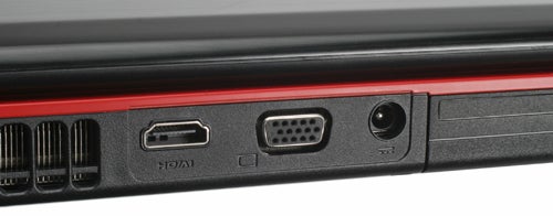 Close-up of MSI GX740 laptop port selection.
