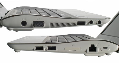 Samsung NF210 netbook showing ports and curved design.
