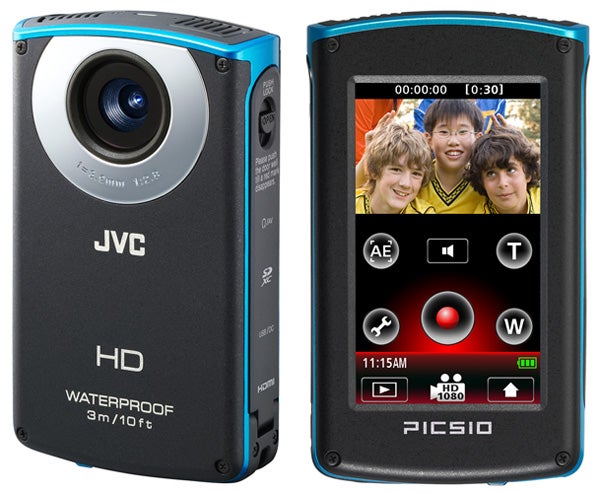 JVC PICSIO GC-WP10A waterproof camera front and back view.