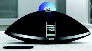 TEAC Aurb SR-100i speaker system with docked iPhone and remote.