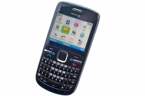 Nokia C3 smartphone with a QWERTY keyboard displayed.