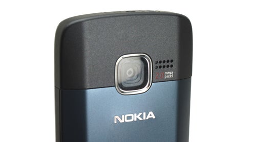 Close-up of Nokia C3's 2-megapixel camera and branding.