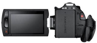 Samsung HMX-H200 camcorder with open LCD screen.