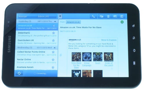 Samsung Galaxy Tab displaying an email inbox and Amazon.co.uk webpage.