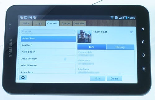 Samsung Galaxy Tab displaying contacts list.
