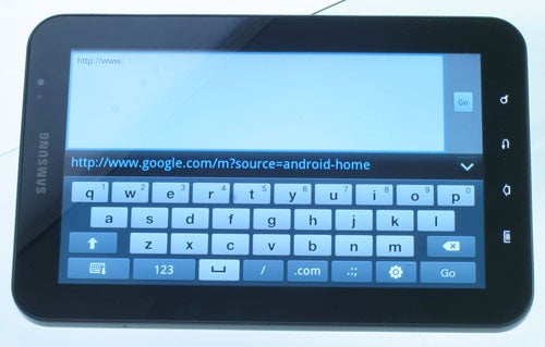 Samsung Galaxy Tab displaying Google search on screen.