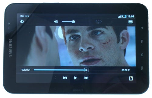 Samsung Galaxy Tab displaying a movie scene.