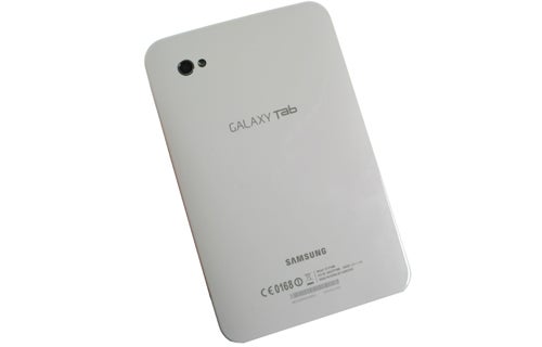 Samsung Galaxy Tab rear view showing camera and branding.