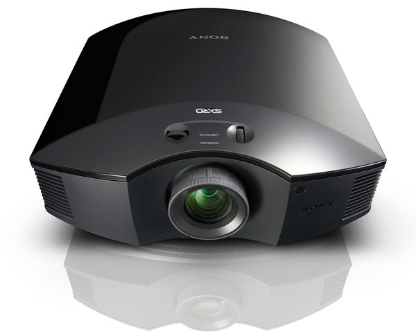 Sony VPL-HW20 projector on white background with reflection.