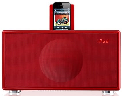 Red iPod speaker dock with device mounted on top