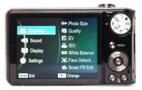 Samsung PL150 digital camera showing menu on LCD screen.