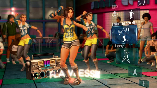Xbox 360 Kinect game screenshot showing dance gameplay.