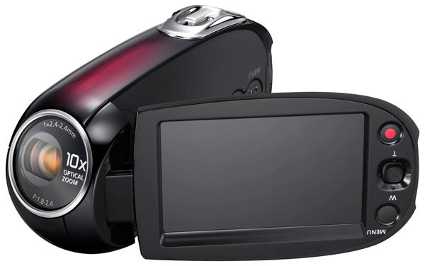 Samsung SMX-C20 camcorder with flip-out LCD screen.