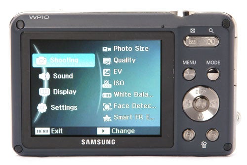 Samsung WP10 camera with menu displayed on LCD screen.