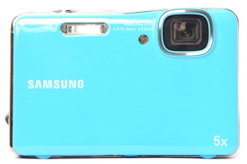 Blue Samsung WP10 waterproof digital camera on white background.