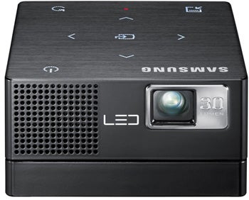 Samsung H03 portable LED projector on white background.